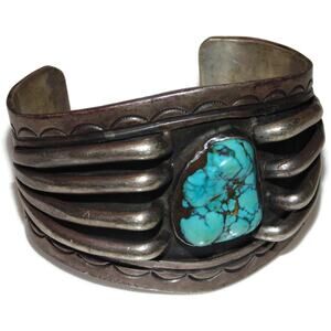 Vintage Southwestern Cuff Bracelet Native Navajo Sterling Silver Turquoise